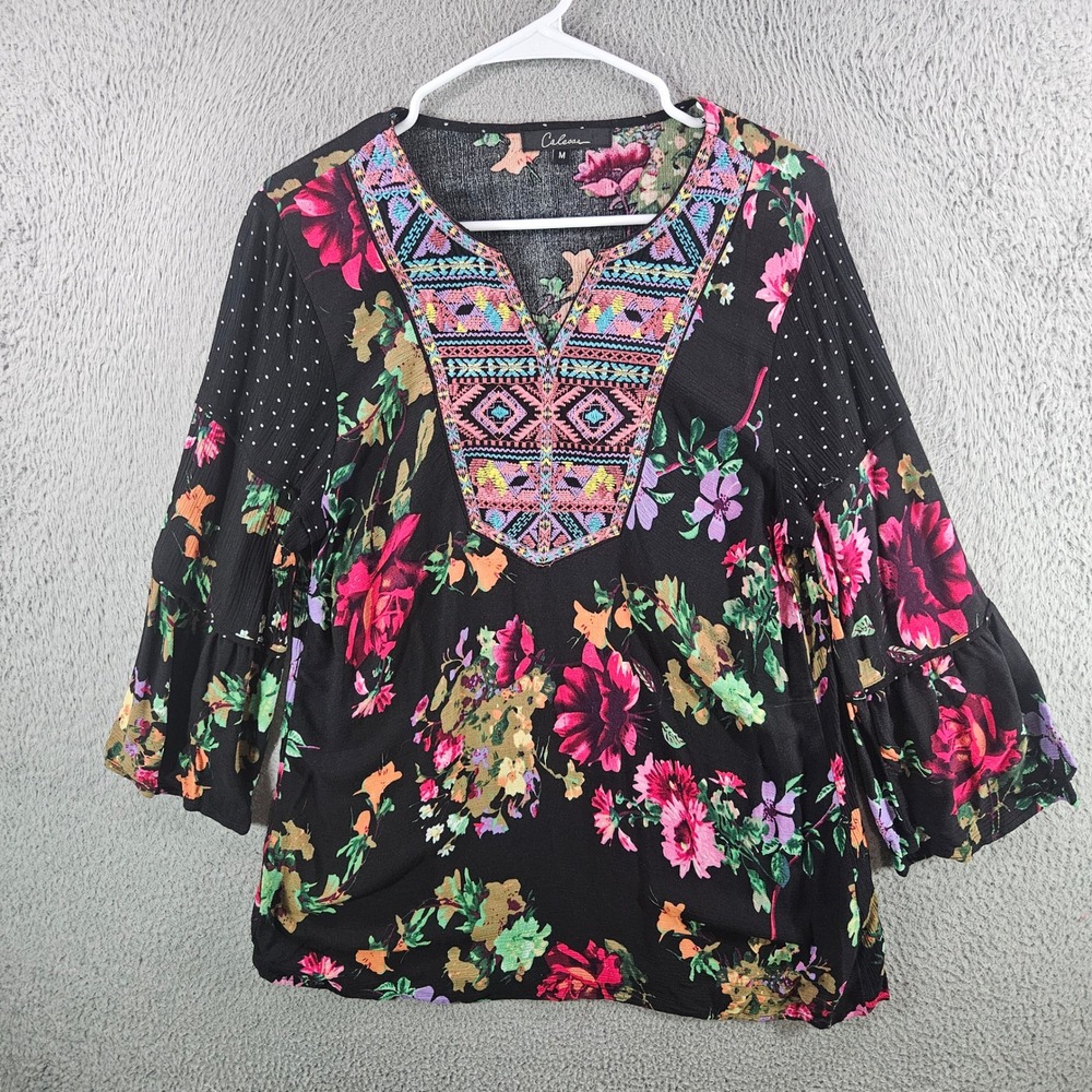 Calessa Womens Floral Embroidered V-Neck‎ Blouse Black Rayon Bell Sleeve Top M